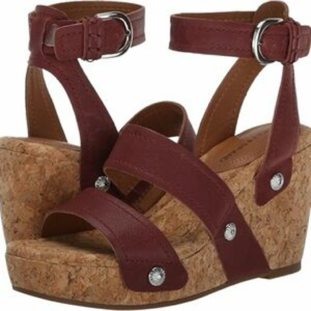 New - Lucky Brand Women's Burgundy Cork Wedge Sandals